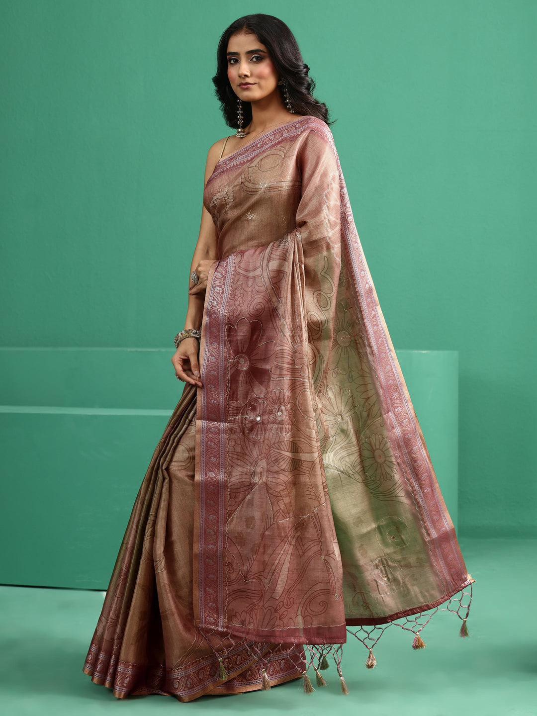  Libas Beige Floral Printed Silk Blend Saree 