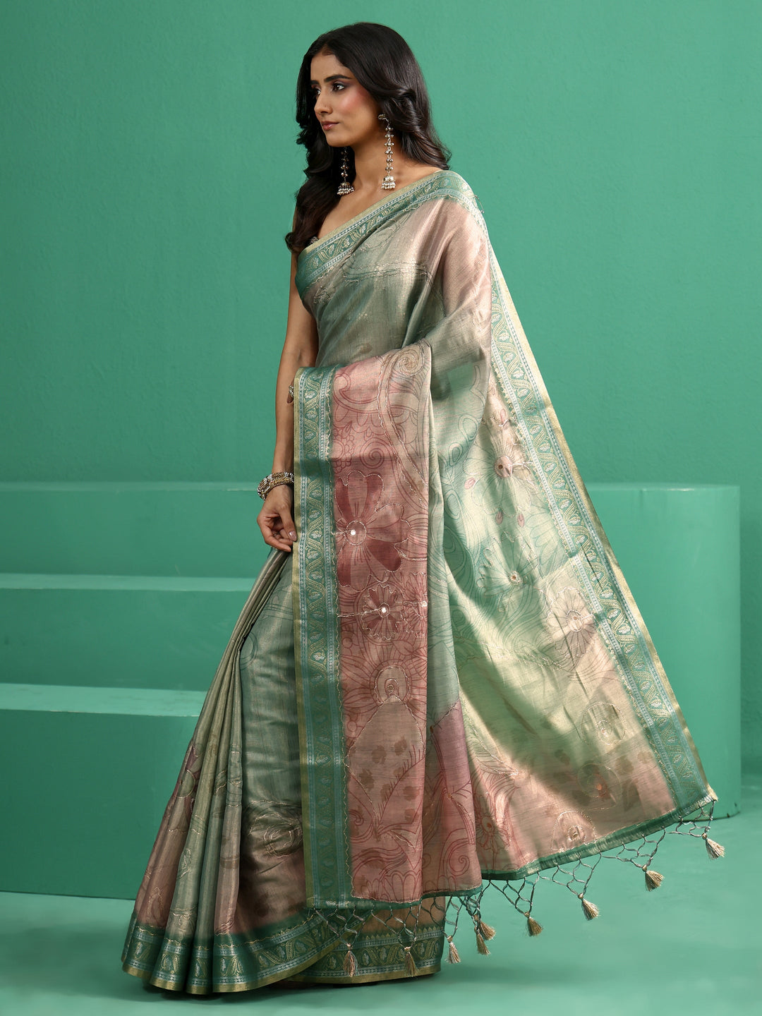  Libas Mist Green Floral Printed Silk Blend Saree 