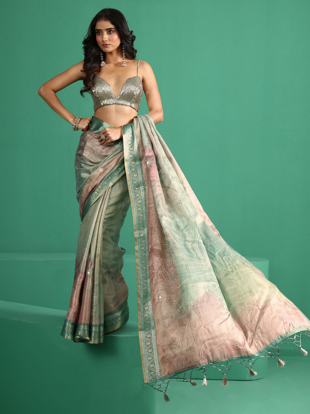  Libas Mist Green Floral Printed Silk Blend Saree 