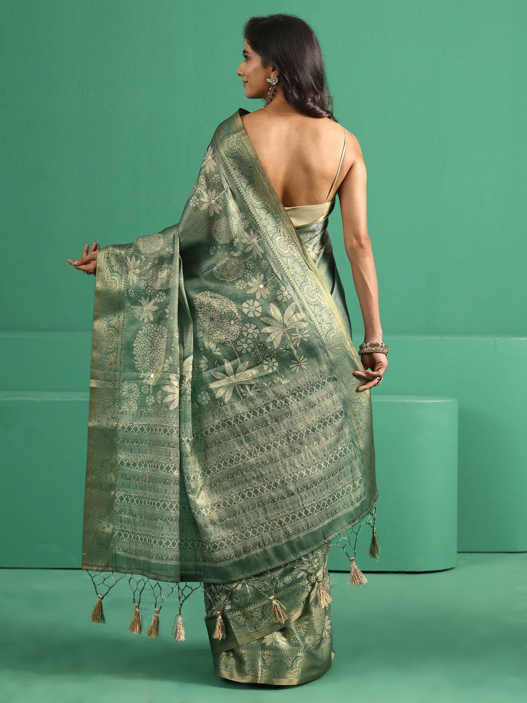  Libas Sage Green Pichwai Tree Print Silk Blend Saree 