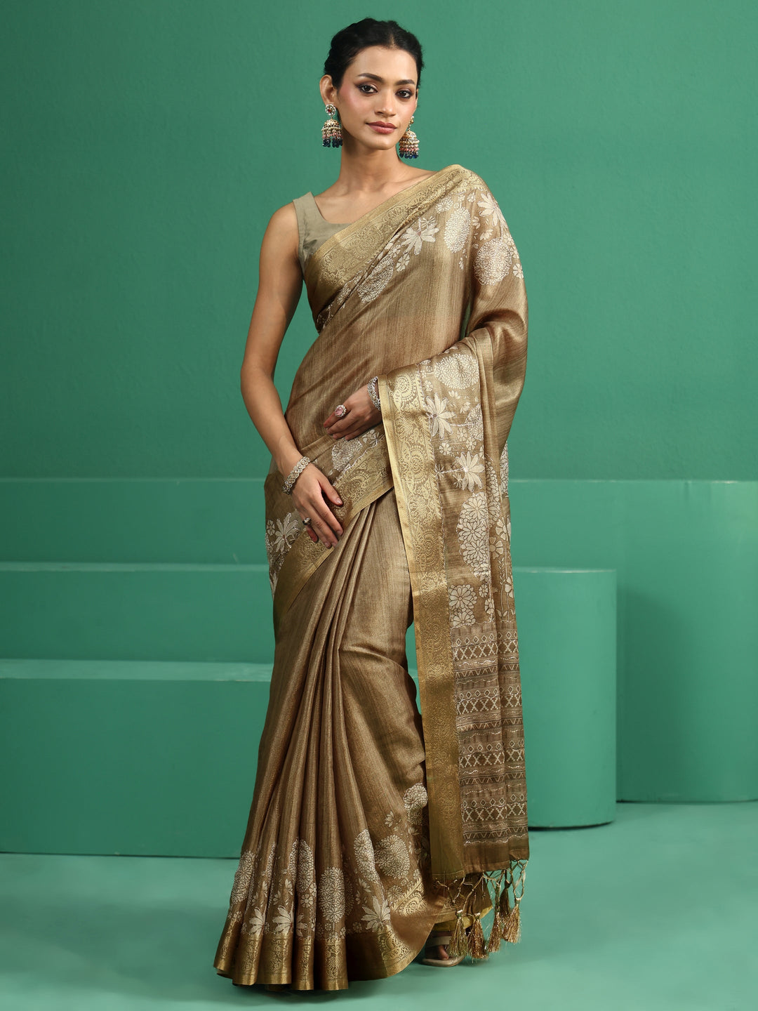  Libas Olive Green Pichwai Tree Print Silk Blend Saree 