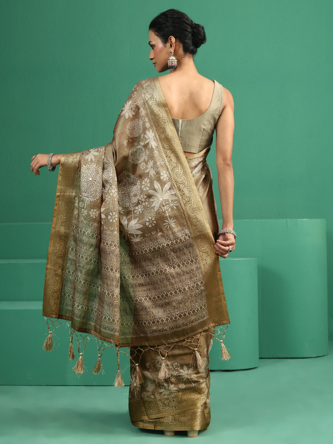  Libas Olive Green Pichwai Tree Print Silk Blend Saree 