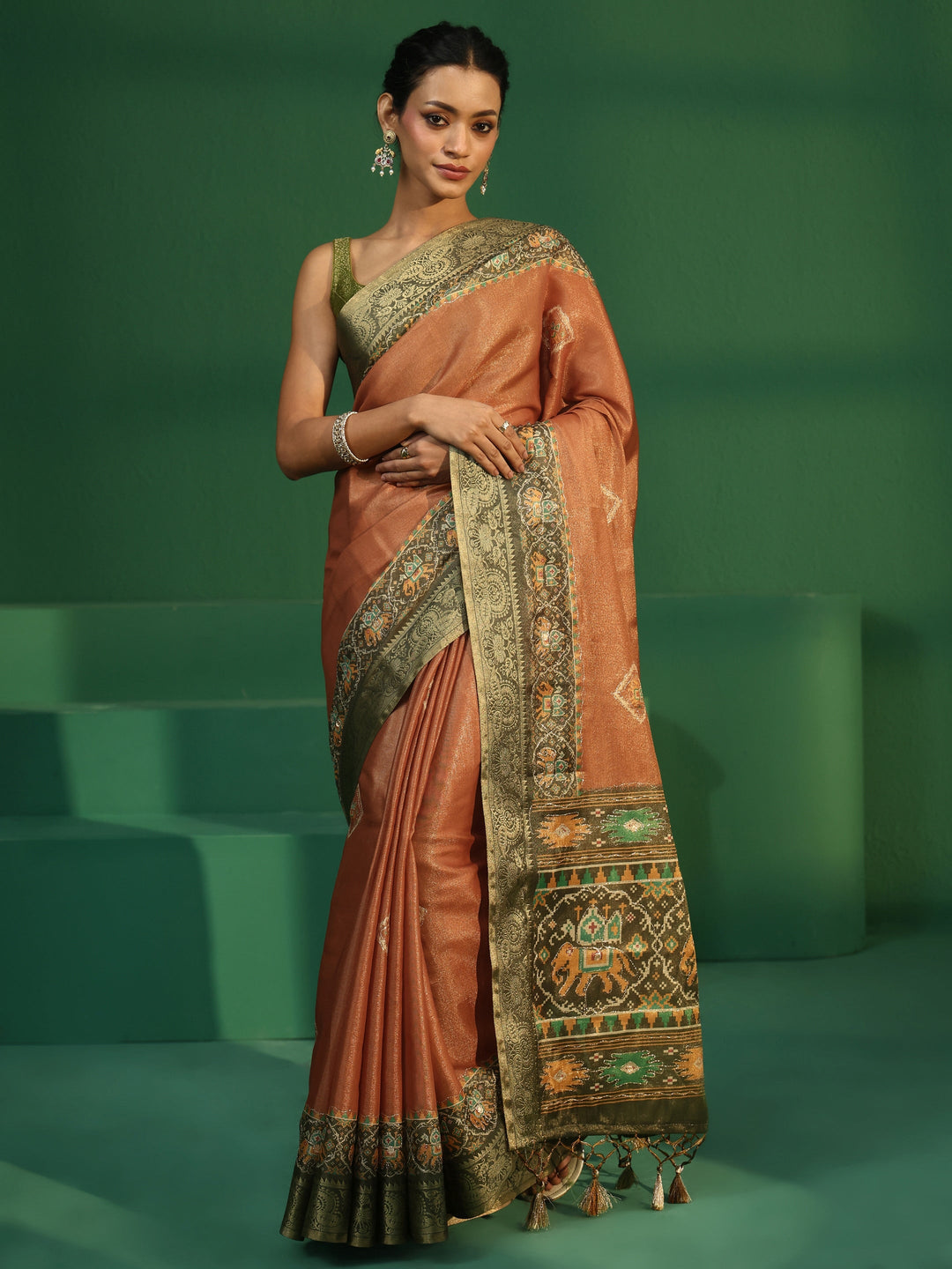  Libas Rust Silk Blend Saree with Patola Border 