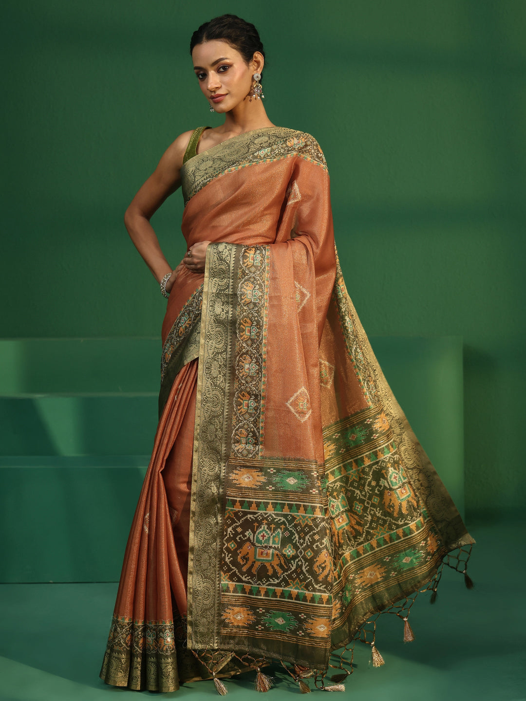  Libas Rust Silk Blend Saree with Patola Border 