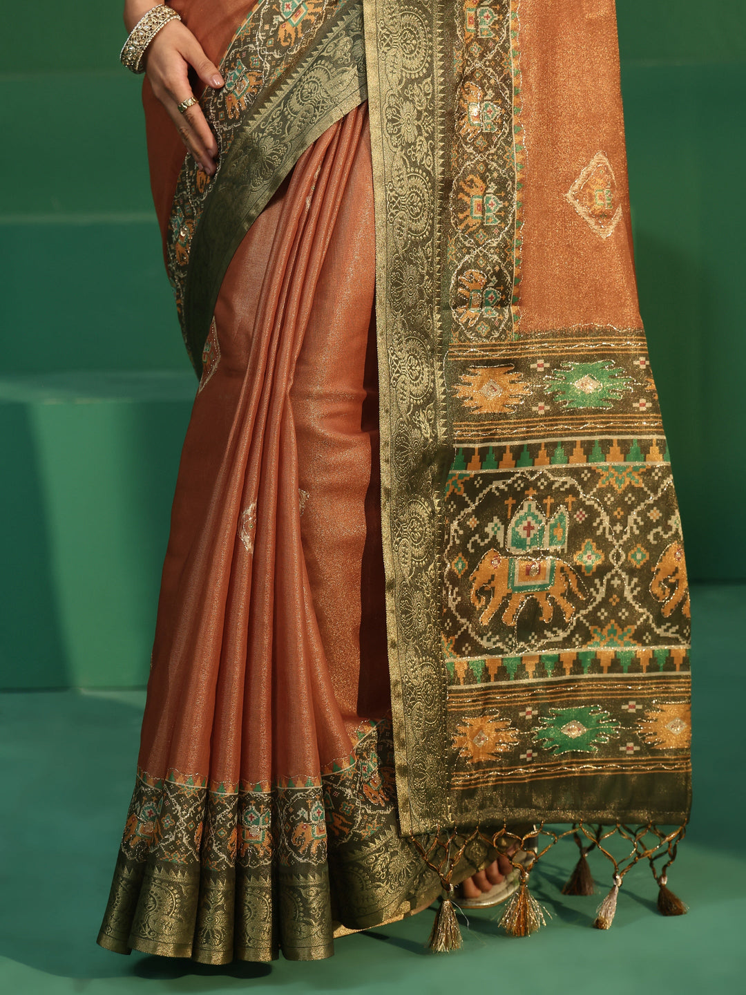 Libas Rust Silk Blend Saree with Patola Border 