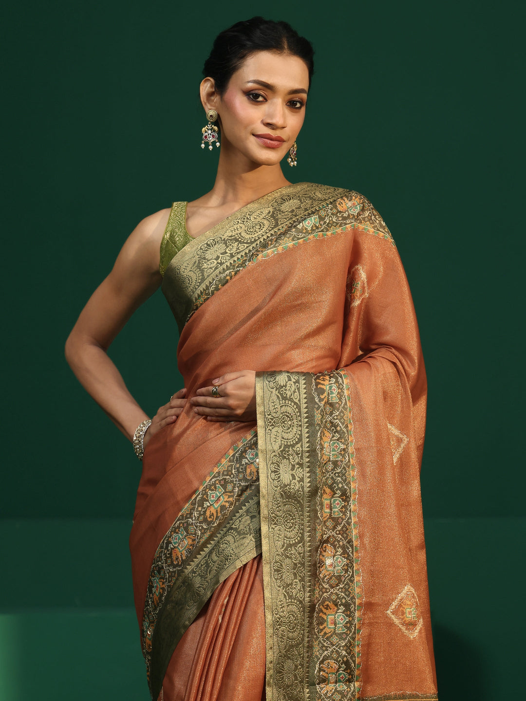  Libas Rust Silk Blend Saree with Patola Border 