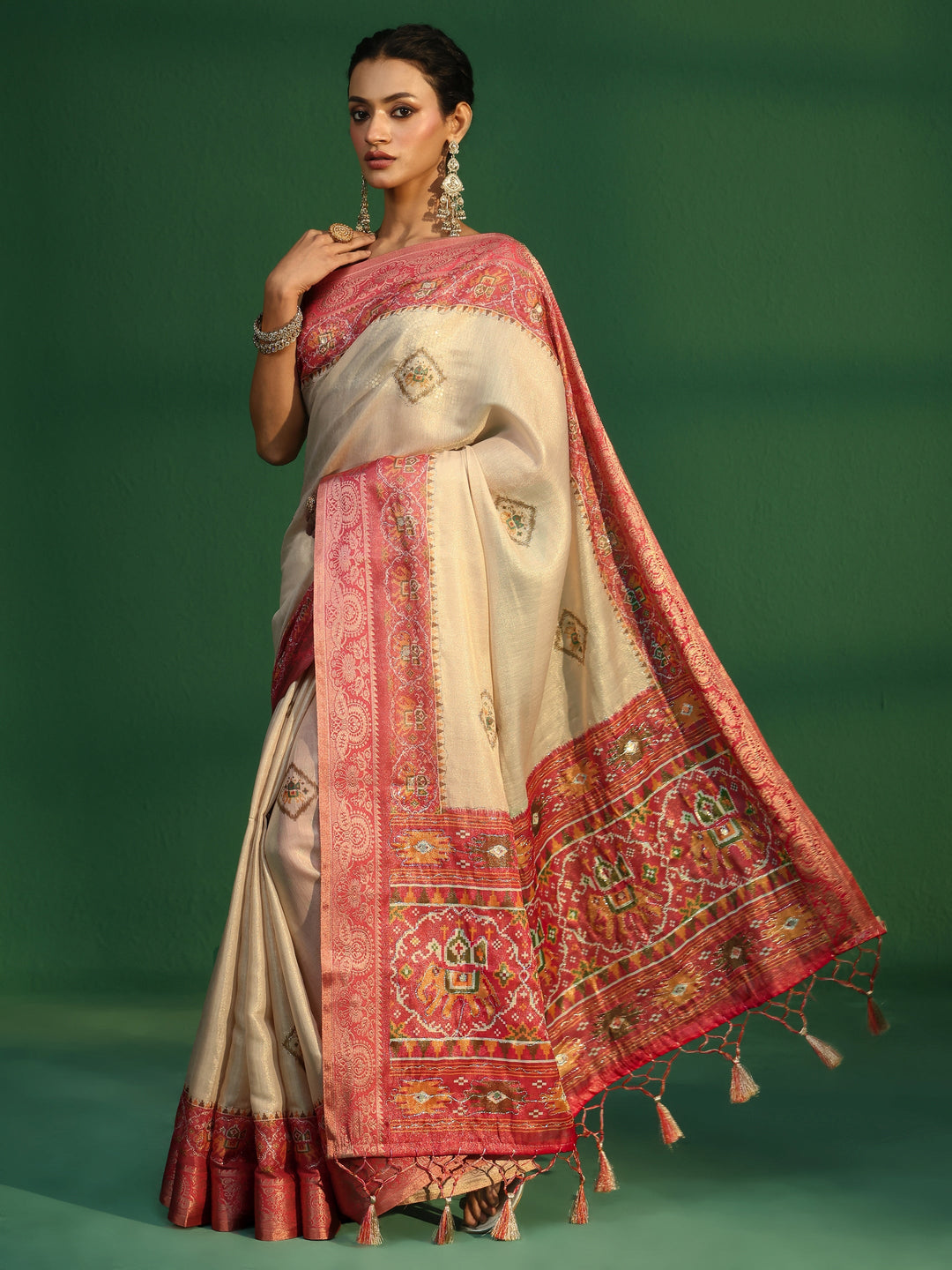  Libas Cream Silk Blend Saree with Patola Border 