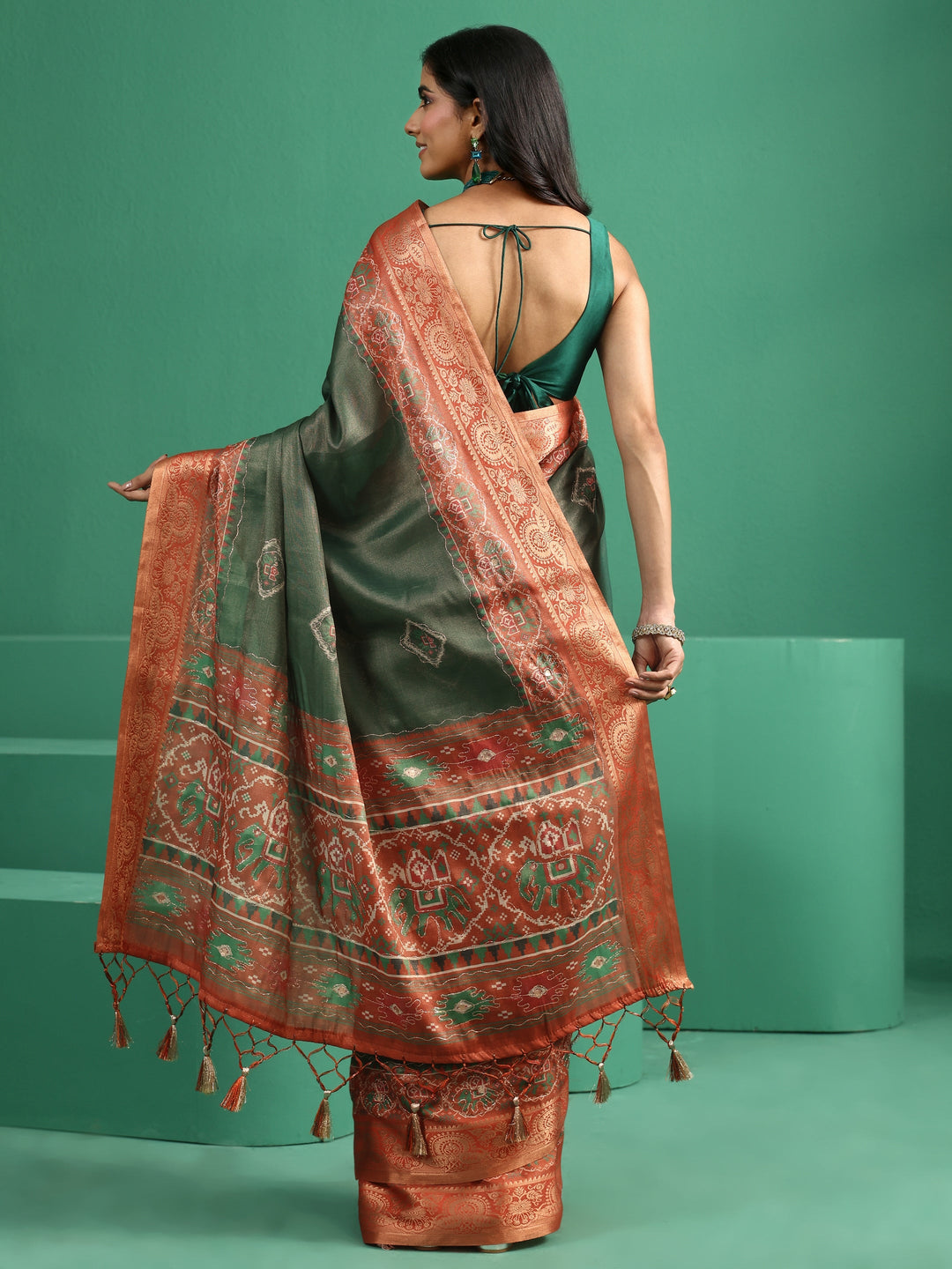  Libas Forest Green Silk Blend Saree with Patola Border 