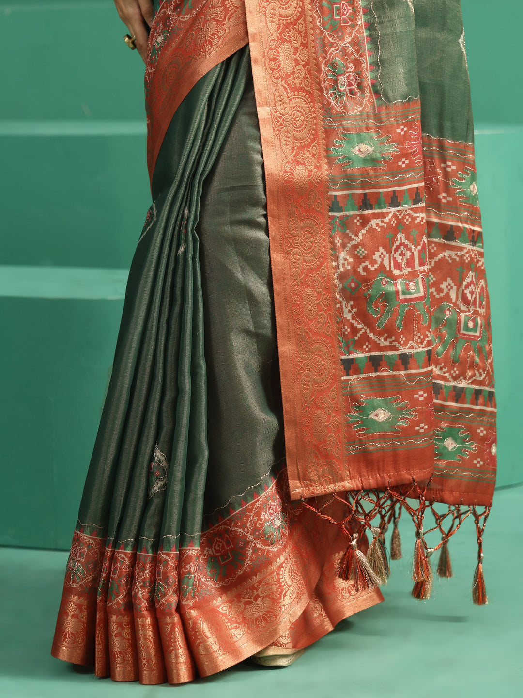  Libas Forest Green Silk Blend Saree with Patola Border 