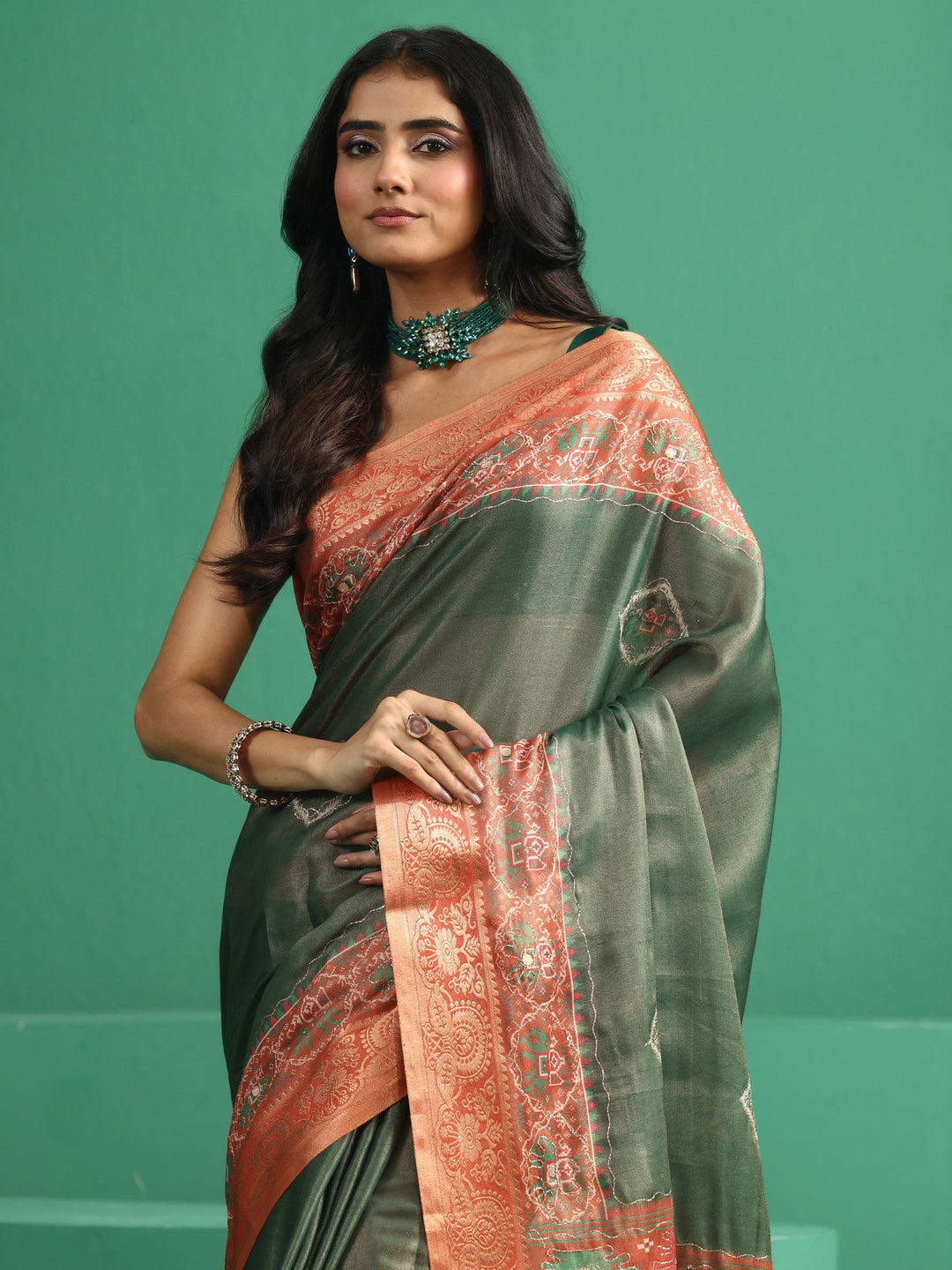  Libas Forest Green Silk Blend Saree with Patola Border 