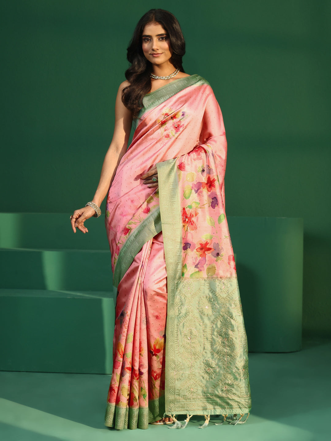  Libas Pink Floral Print Silk Blend Saree with Embellished Border 