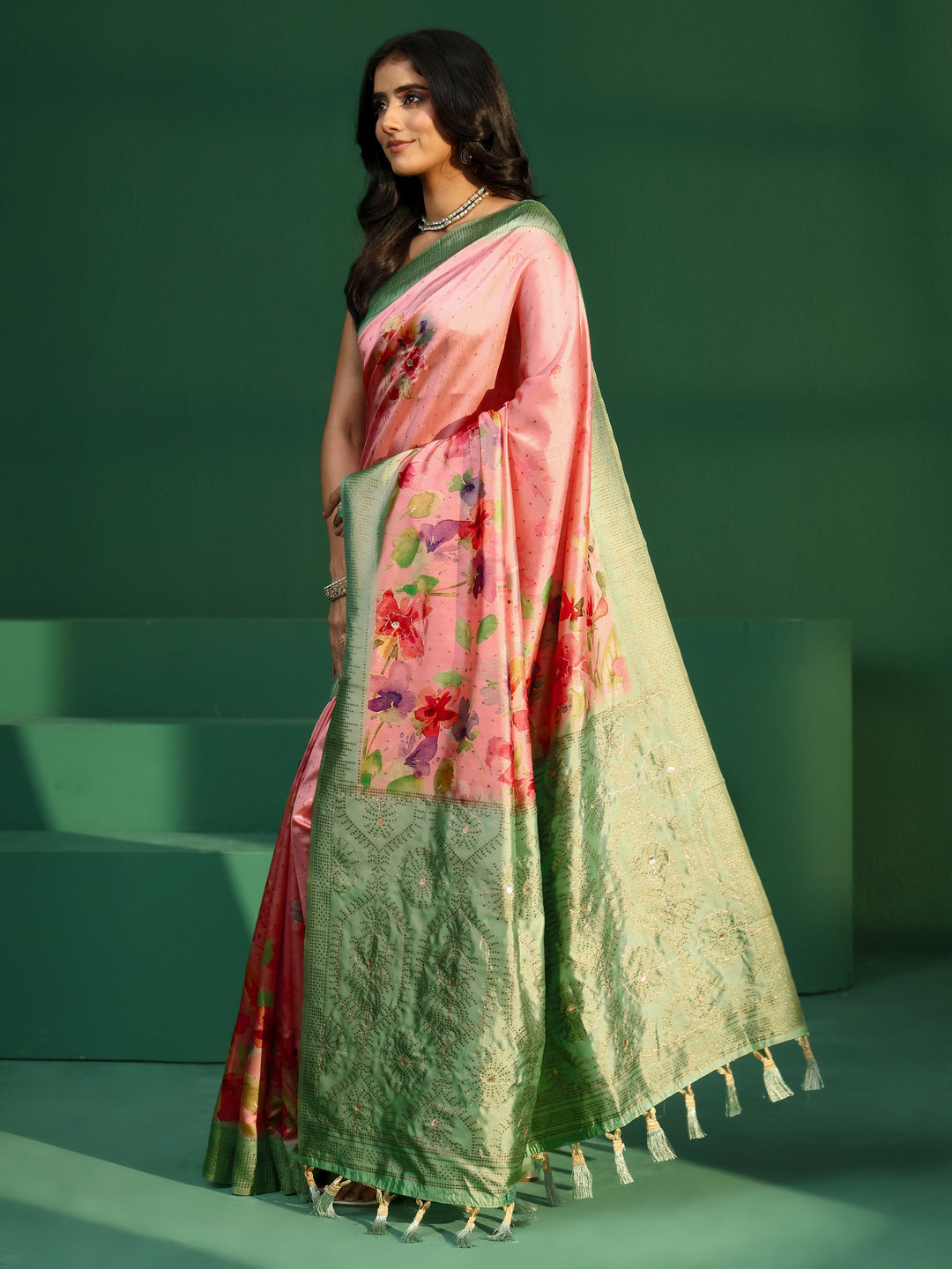  Libas Pink Floral Print Silk Blend Saree with Embellished Border 