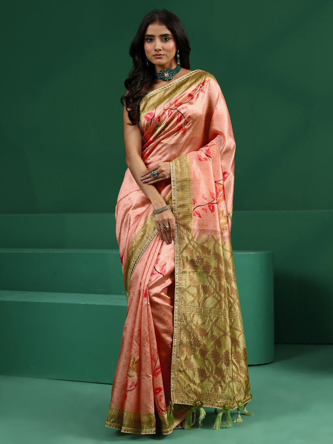  Libas Peach Floral Print Silk Blend Saree with Embellished Border 