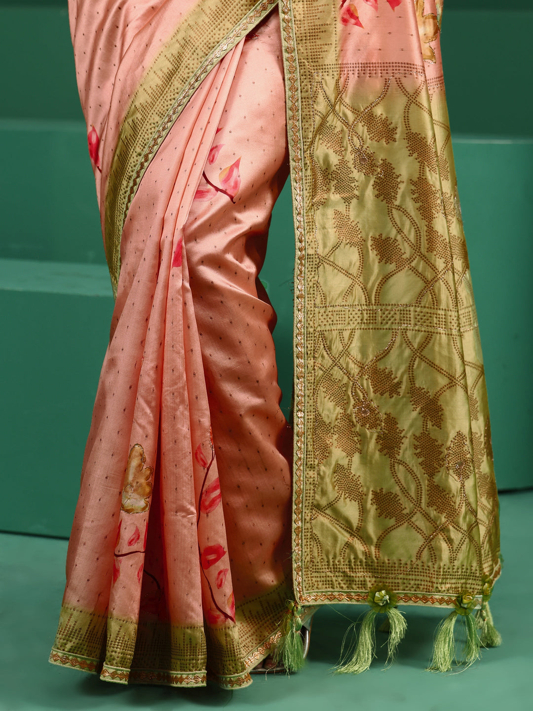  Libas Peach Floral Print Silk Blend Saree with Embellished Border 