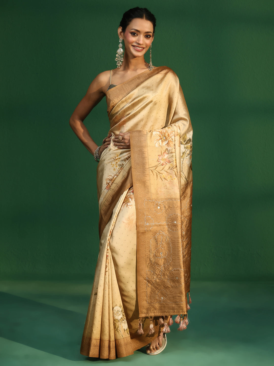  Libas Mustard Floral Print Silk Blend Saree with Embellished Border 
