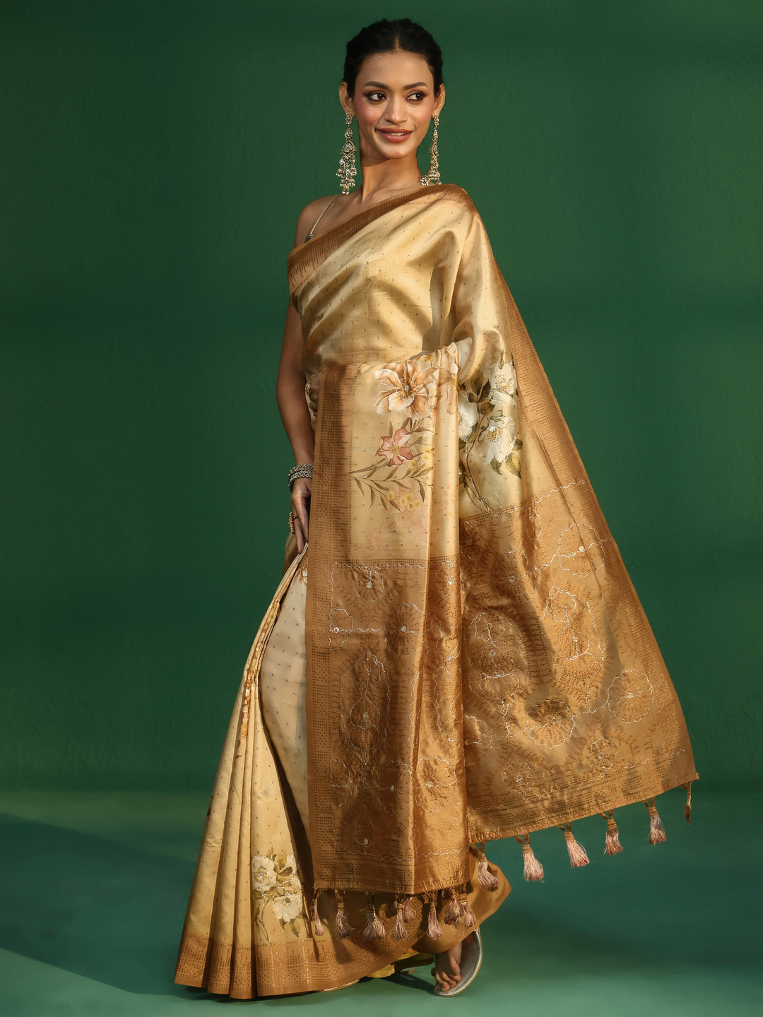  Libas Mustard Floral Print Silk Blend Saree with Embellished Border 