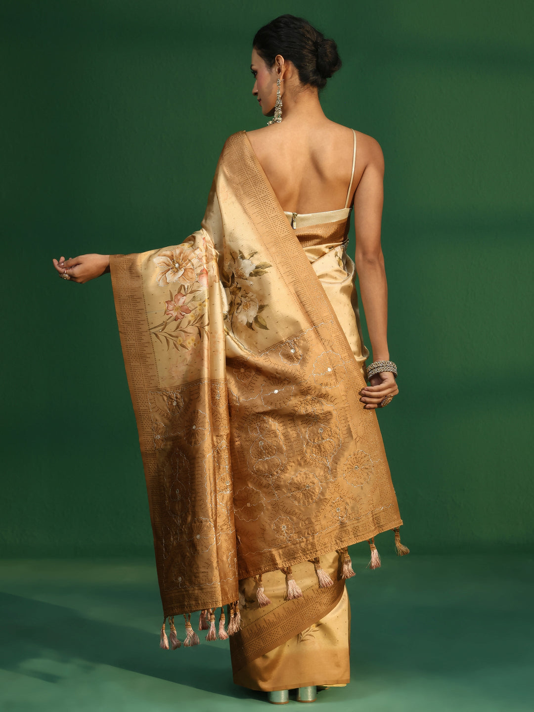  Libas Mustard Floral Print Silk Blend Saree with Embellished Border 