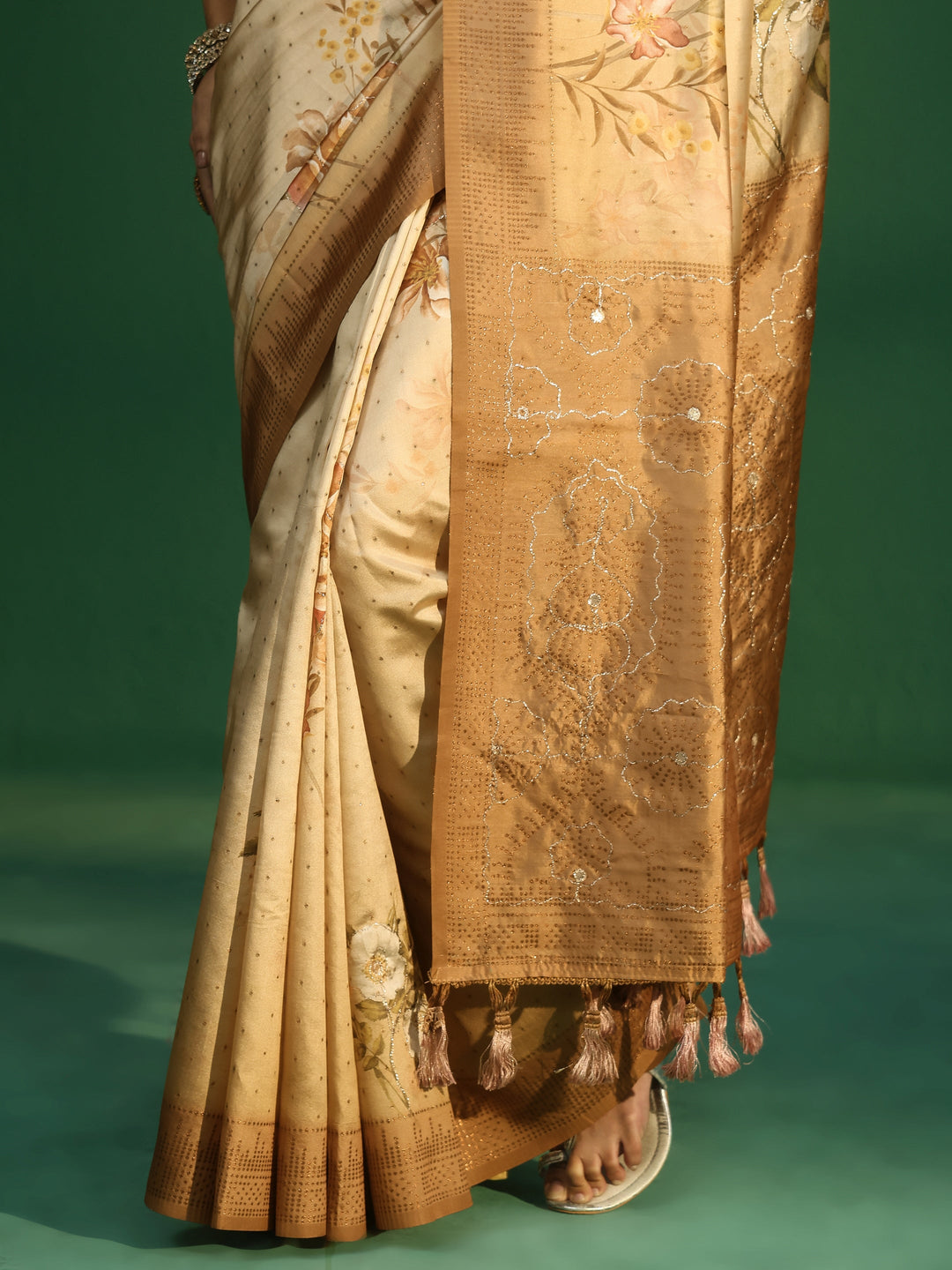  Libas Mustard Floral Print Silk Blend Saree with Embellished Border 