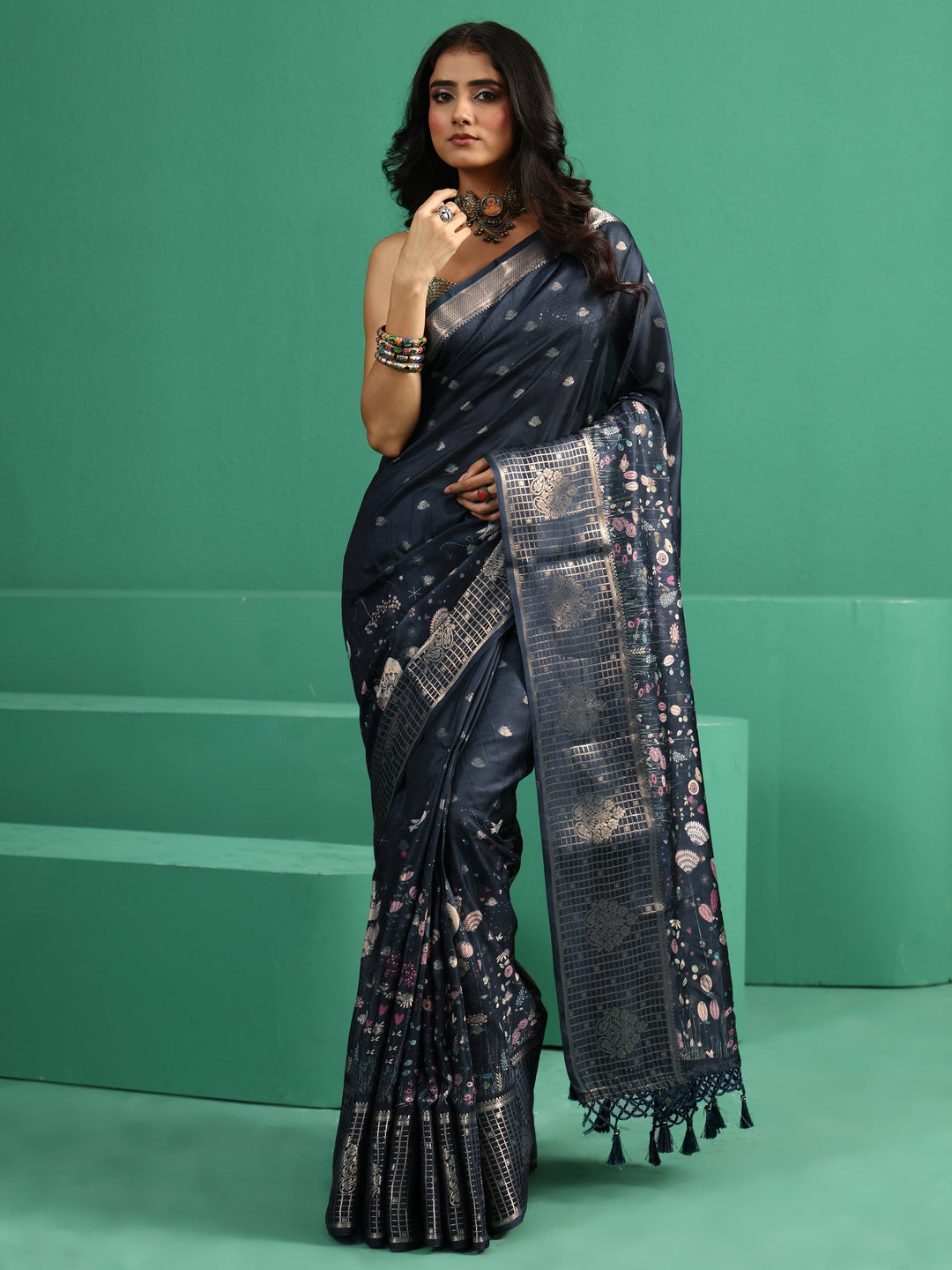  Libas Midnight Blue Printed Silk Blend with Woven Design Border 