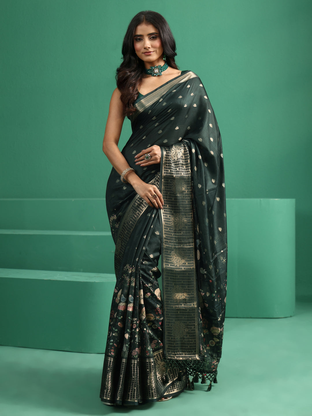  Libas Jungle Green Printed Silk Blend with Woven Design Border 