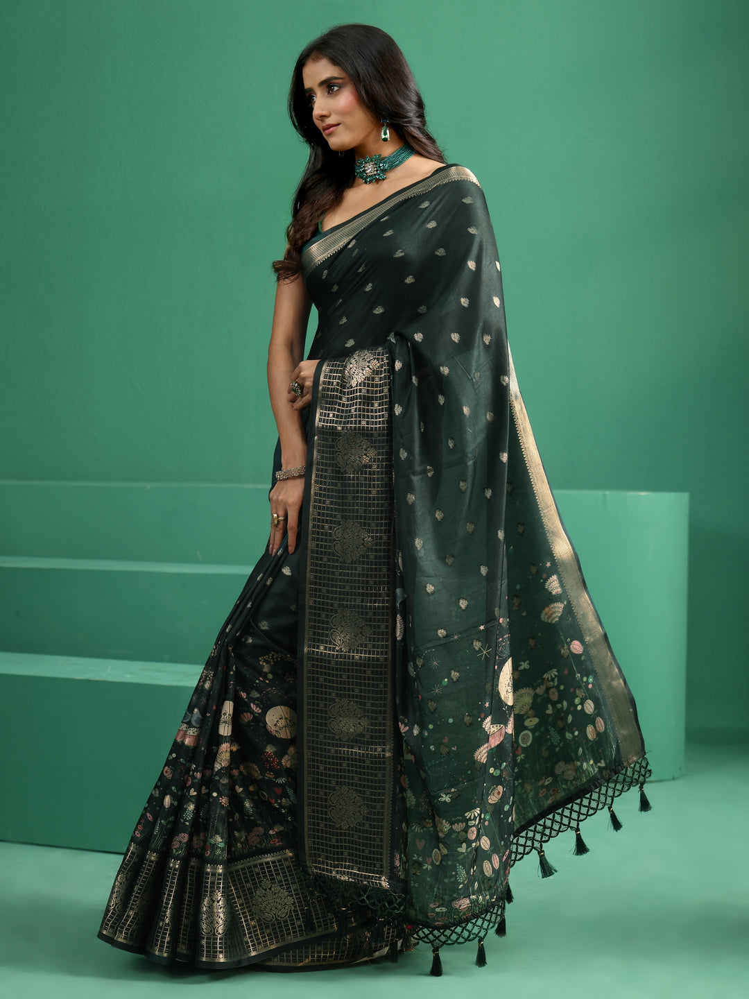  Libas Jungle Green Printed Silk Blend with Woven Design Border 