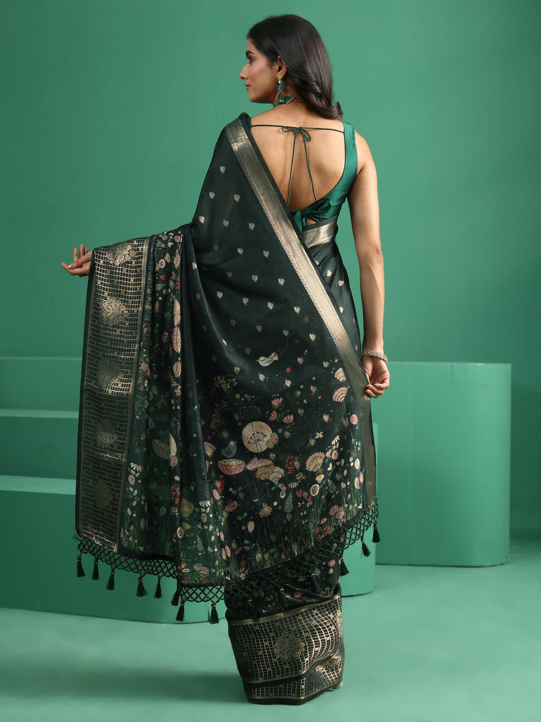  Libas Jungle Green Printed Silk Blend with Woven Design Border 