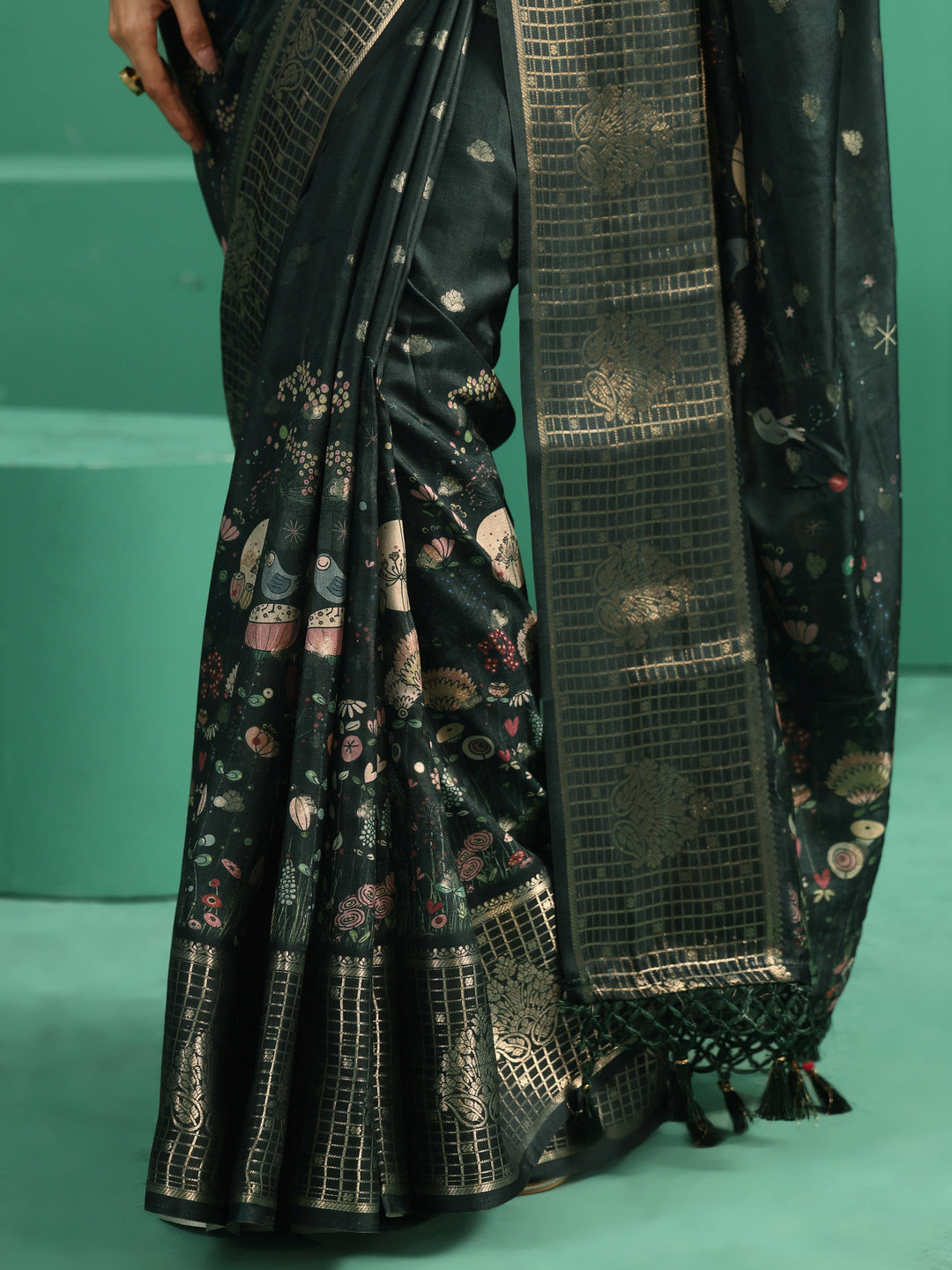  Libas Jungle Green Printed Silk Blend with Woven Design Border 
