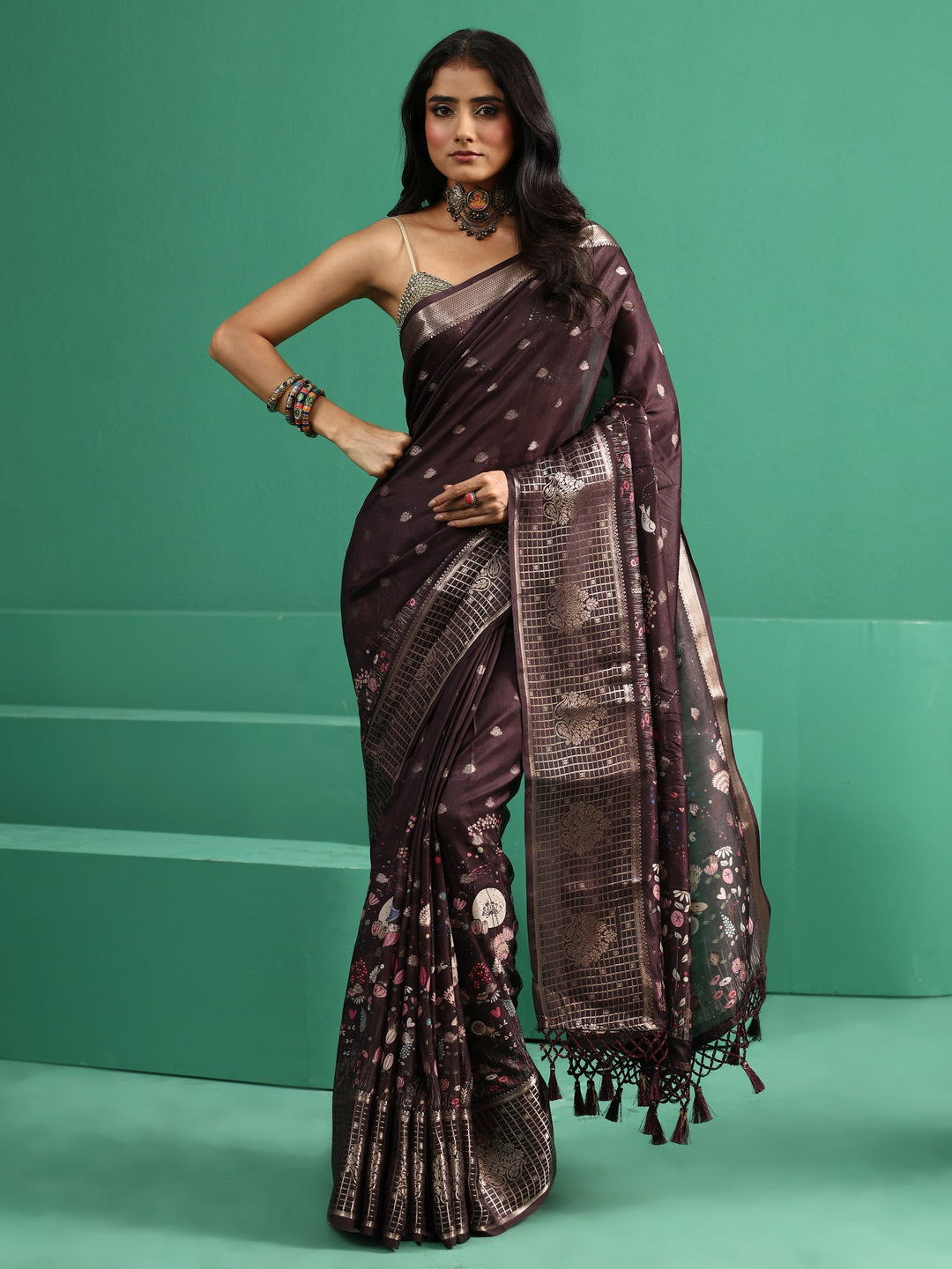  Libas Brown Printed Silk Blend with Woven Design Border 