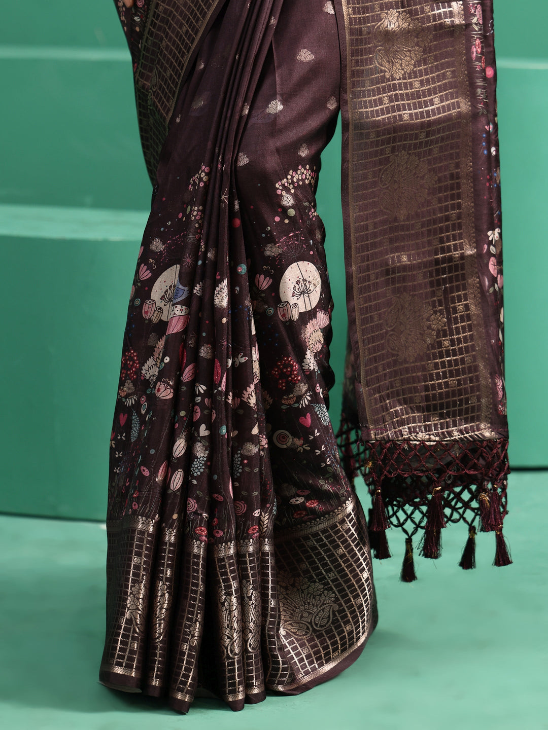  Libas Brown Printed Silk Blend with Woven Design Border 