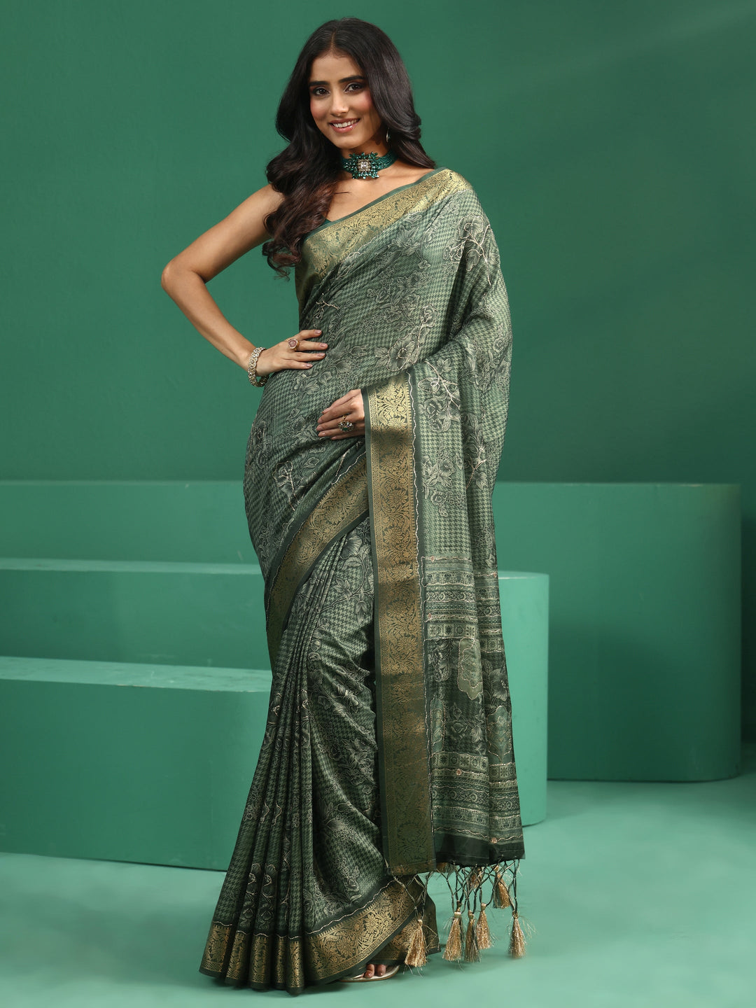  Libas Green Floral Printed Silk Blend Saree with Woven Design Border 
