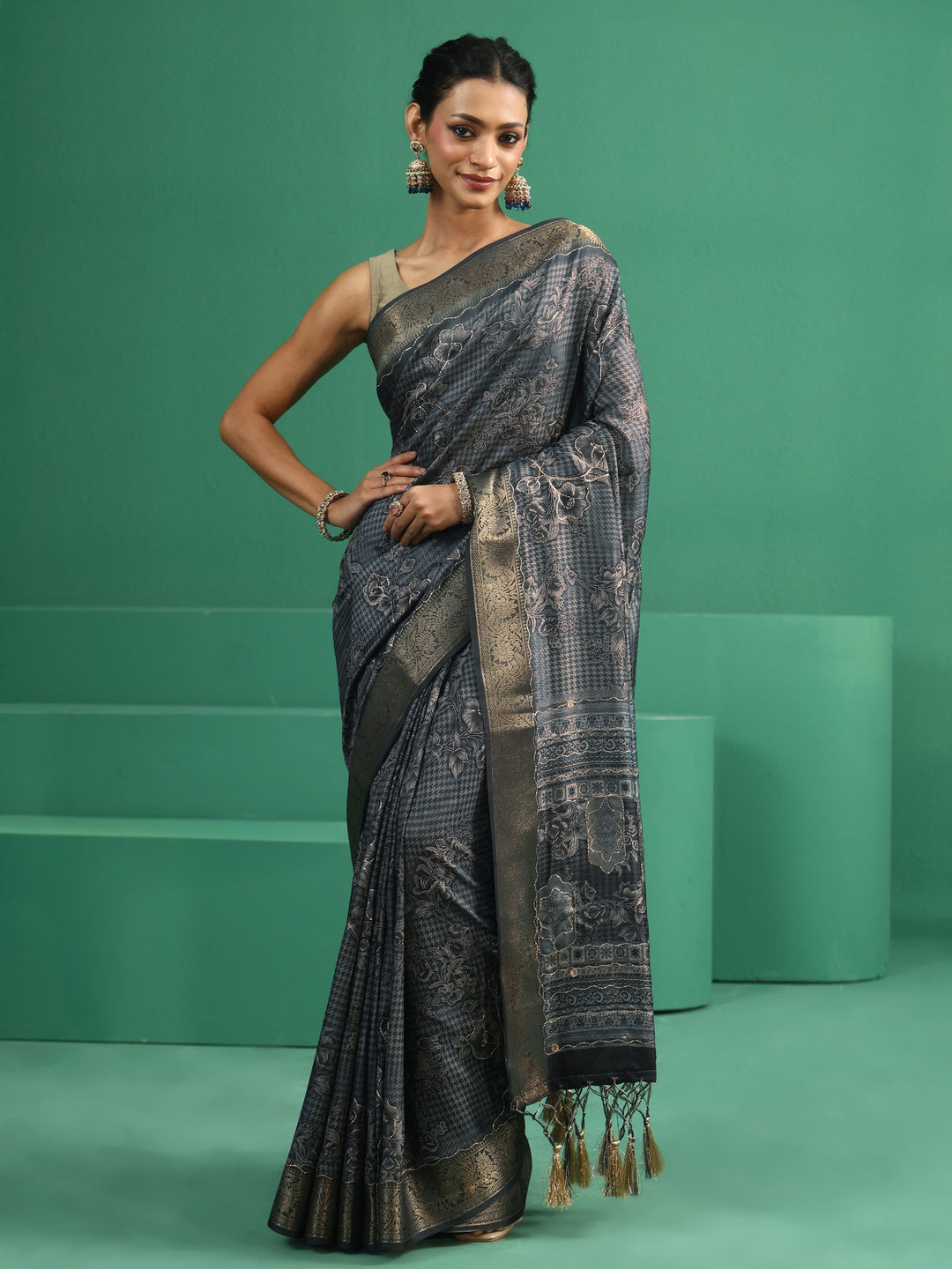  Libas Navy Blue Floral Printed Silk Blend Saree with Woven Design Border 
