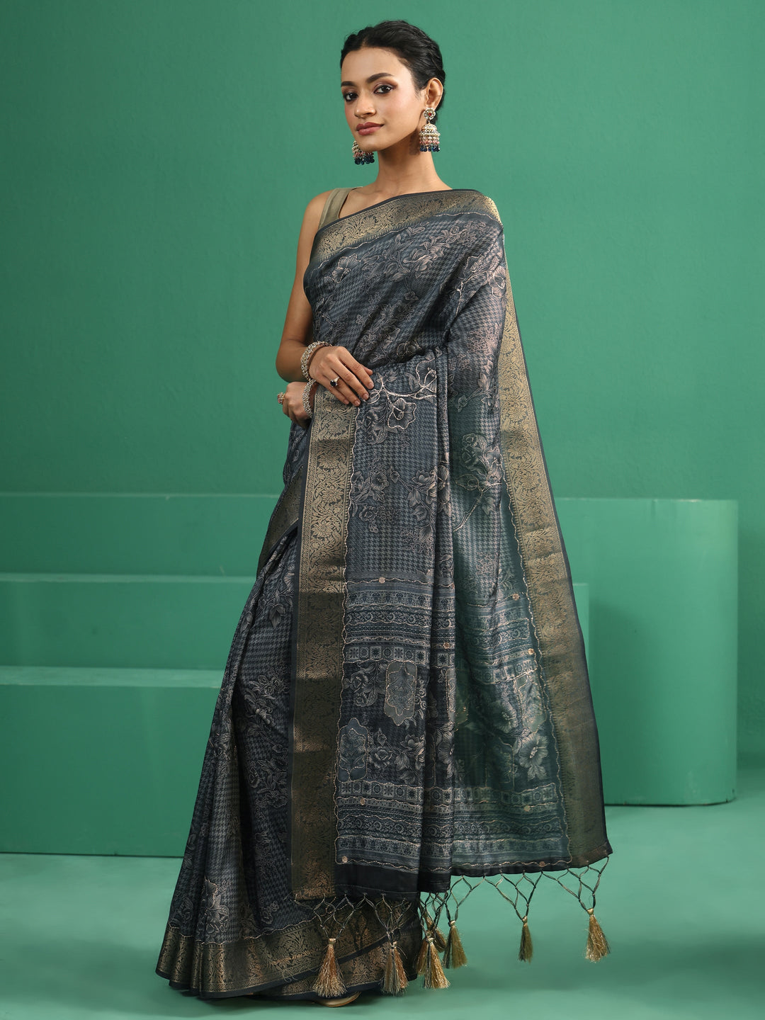  Libas Navy Blue Floral Printed Silk Blend Saree with Woven Design Border 