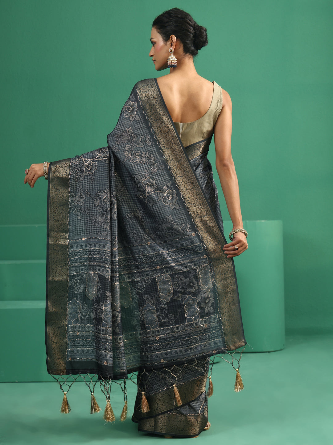  Libas Navy Blue Floral Printed Silk Blend Saree with Woven Design Border 