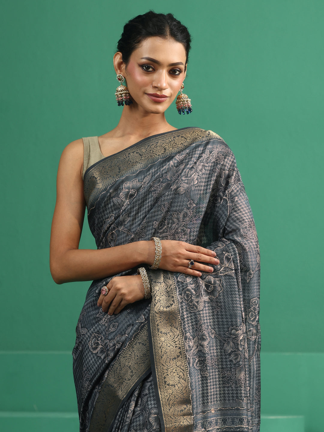 Libas Navy Blue Floral Printed Silk Blend Saree with Woven Design Border 