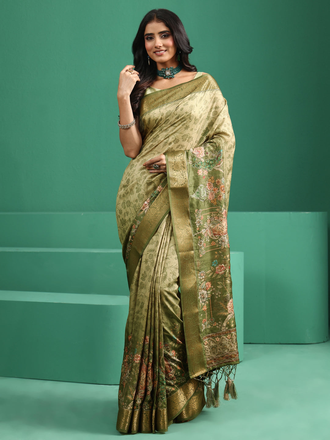  Libas Fern Green Floral Printed Silk Blend Saree with Woven Design Border 