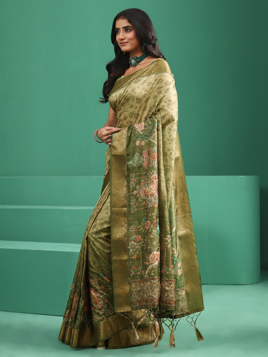  Libas Fern Green Floral Printed Silk Blend Saree with Woven Design Border 