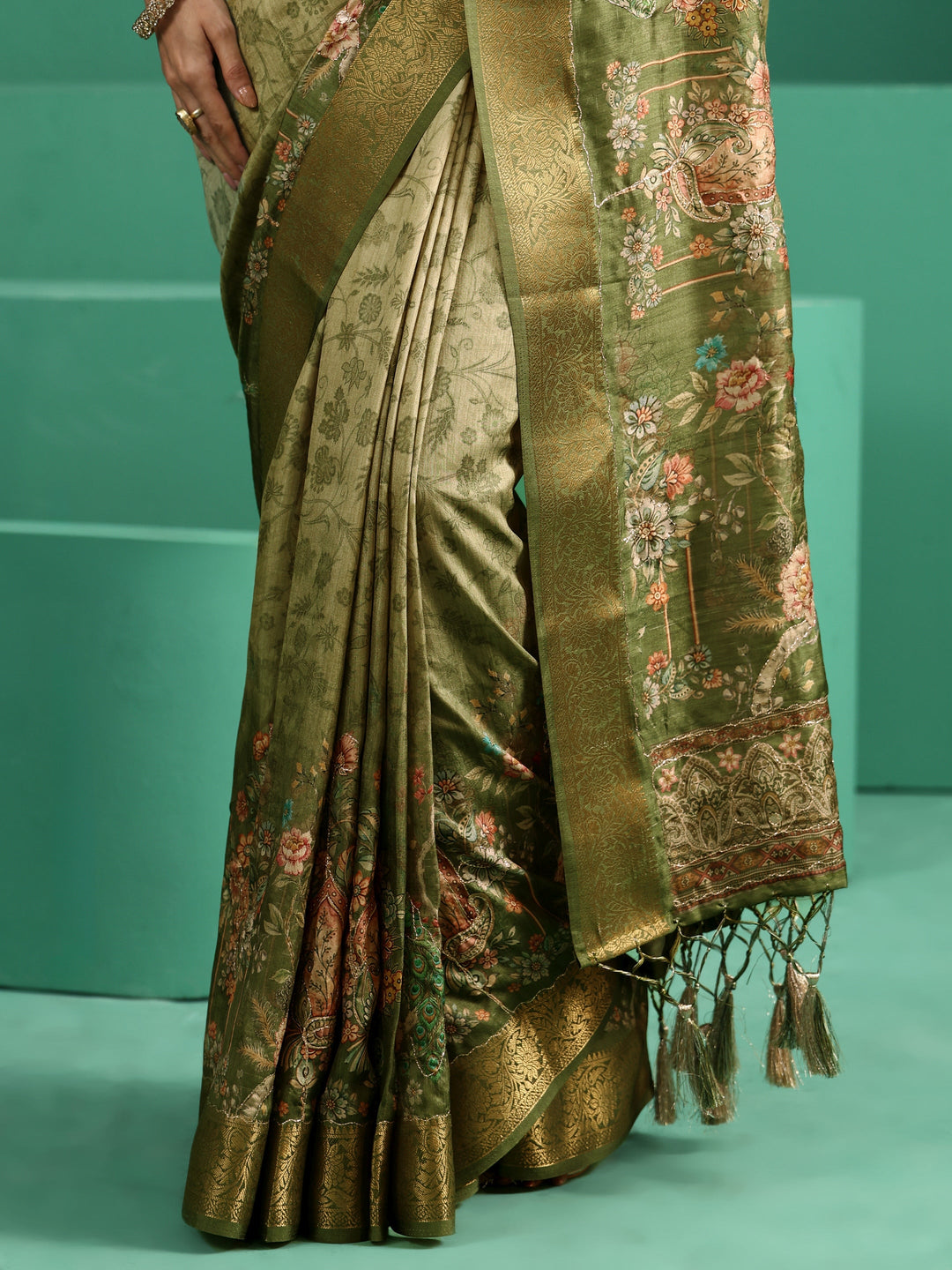  Libas Fern Green Floral Printed Silk Blend Saree with Woven Design Border 
