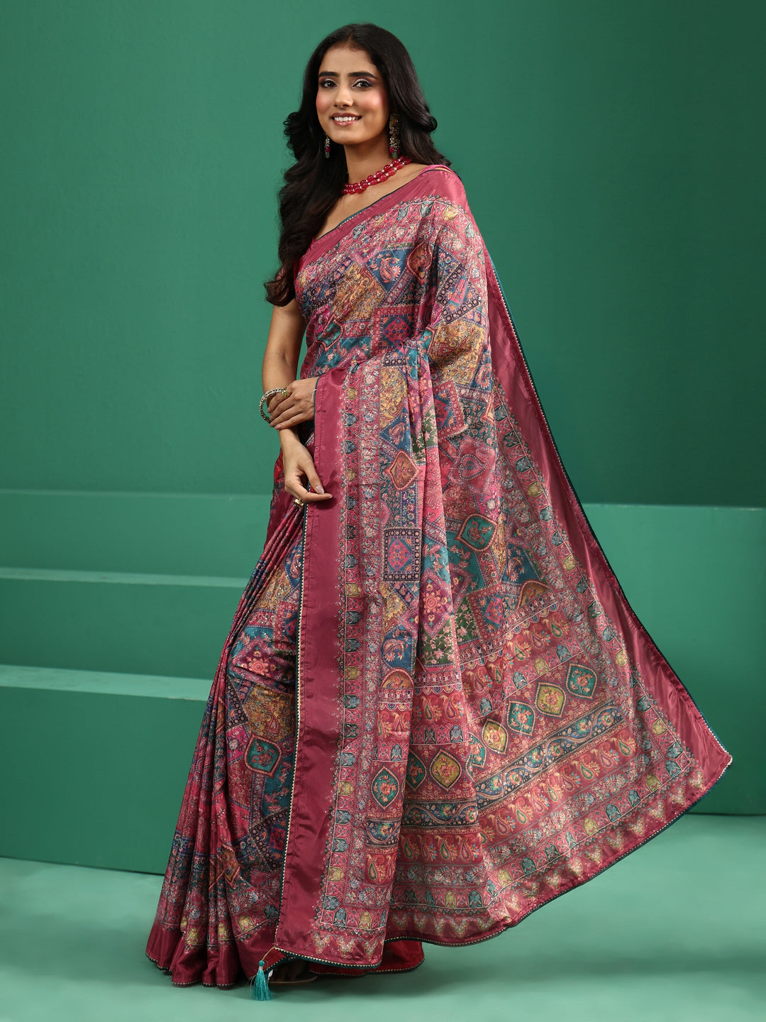  Libas Multicolour Sequin Embellished Printed Satin Saree 