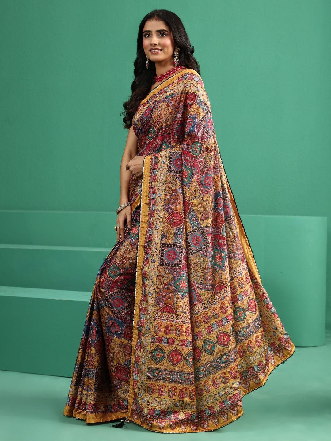  Libas Multicolour Sequin Embellished Printed Satin Saree 