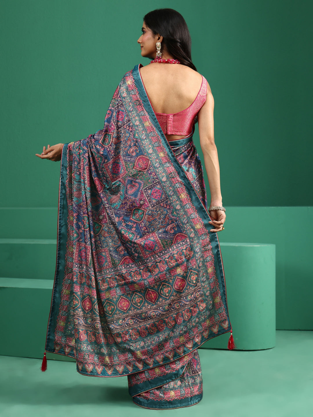  Libas Multicolour Sequin Embellished Printed Satin Saree 