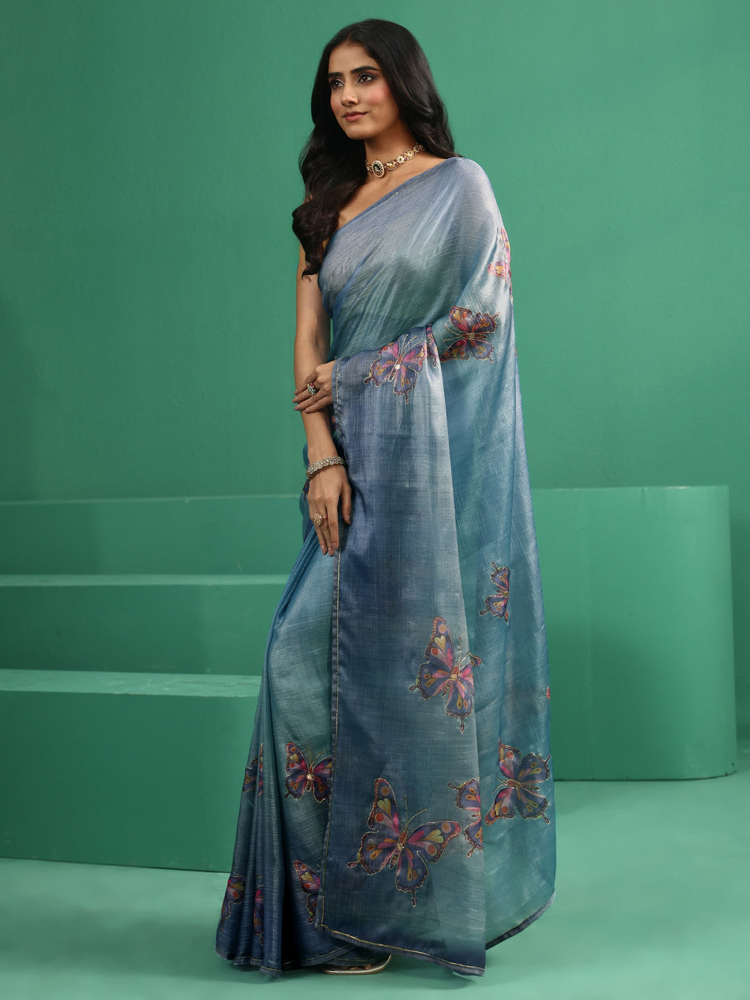  Libas Cobalt Blue Butterfly Print Chiffon Saree 