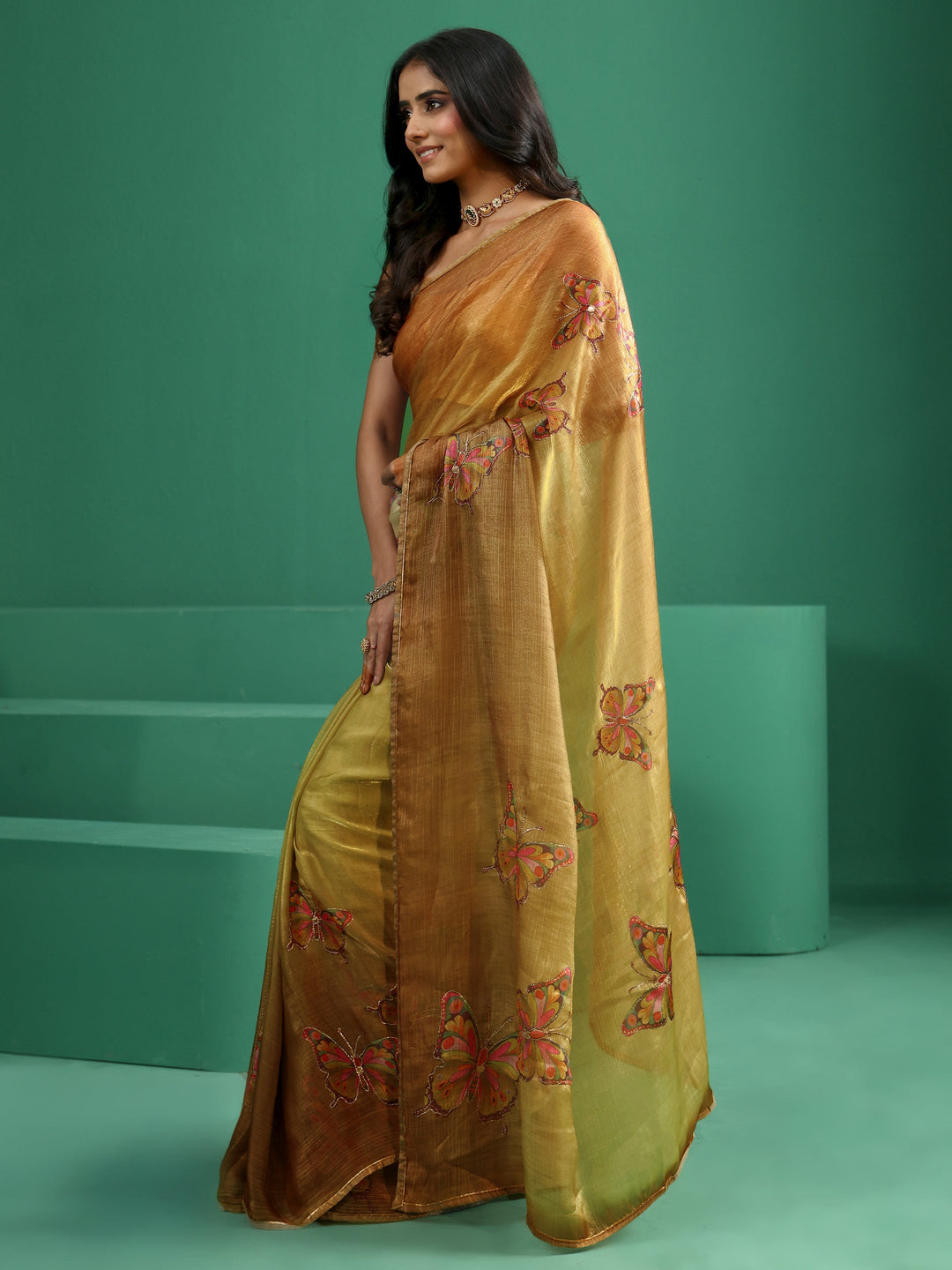  Libas Mustard Butterfly Print Chiffon Saree 