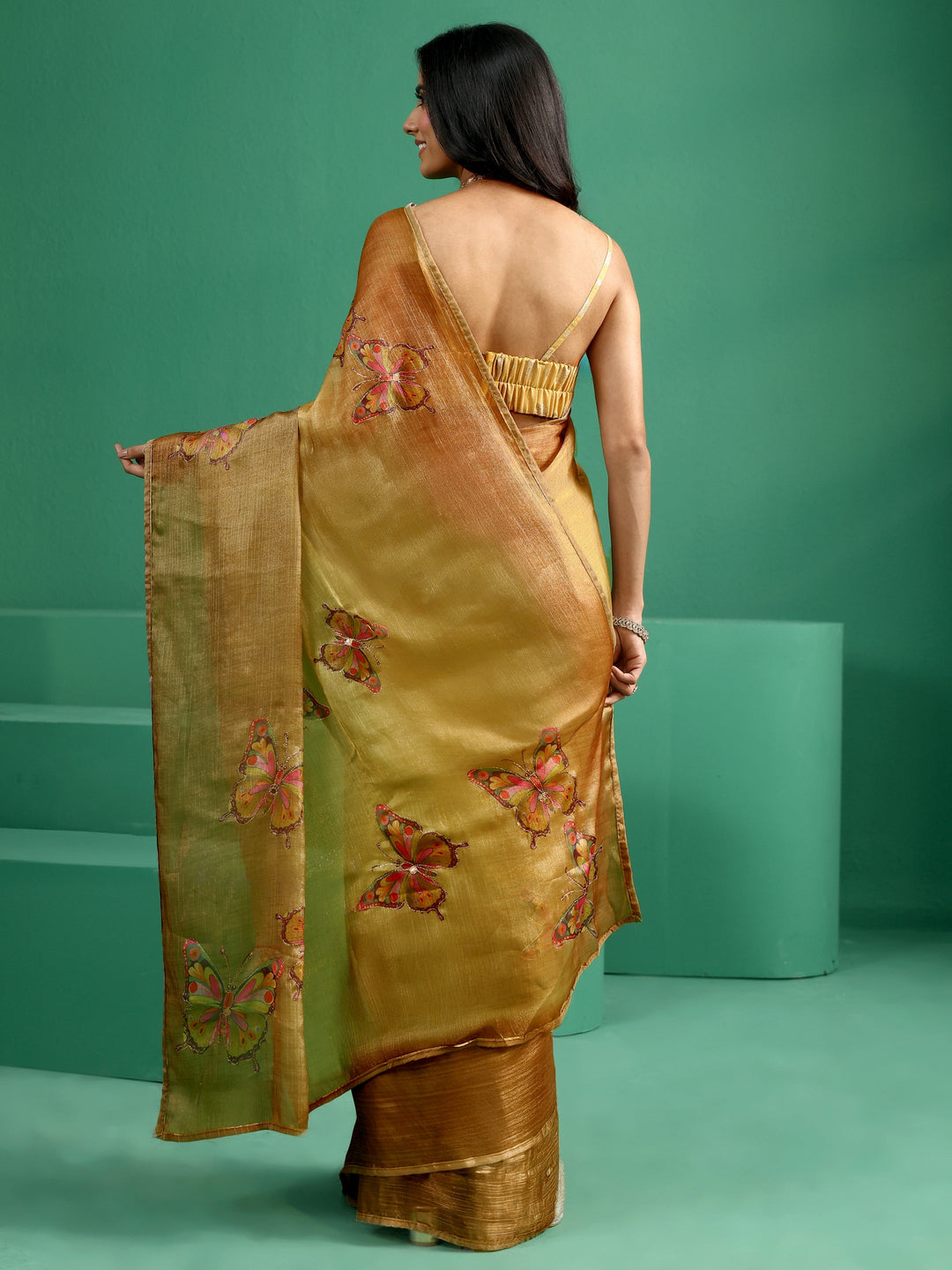  Libas Mustard Butterfly Print Chiffon Saree 