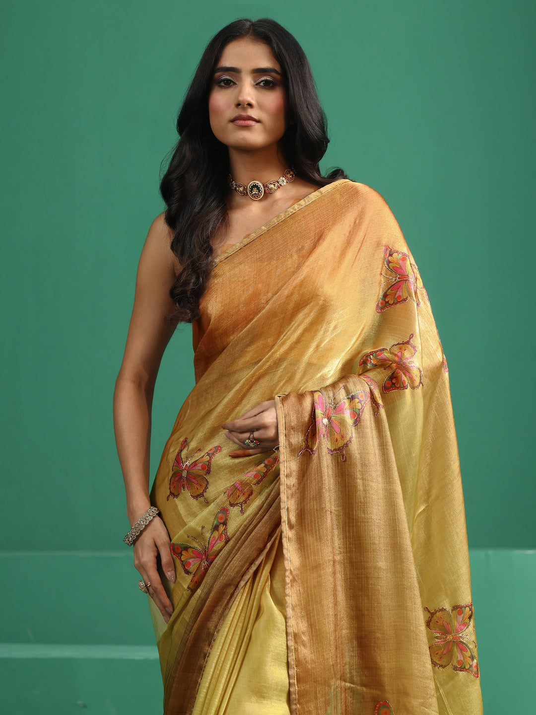  Libas Mustard Butterfly Print Chiffon Saree 