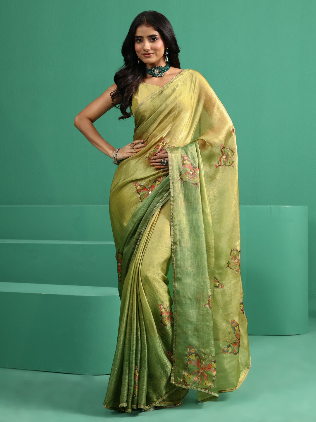  Libas Fern Green Butterfly Print Chiffon Saree 