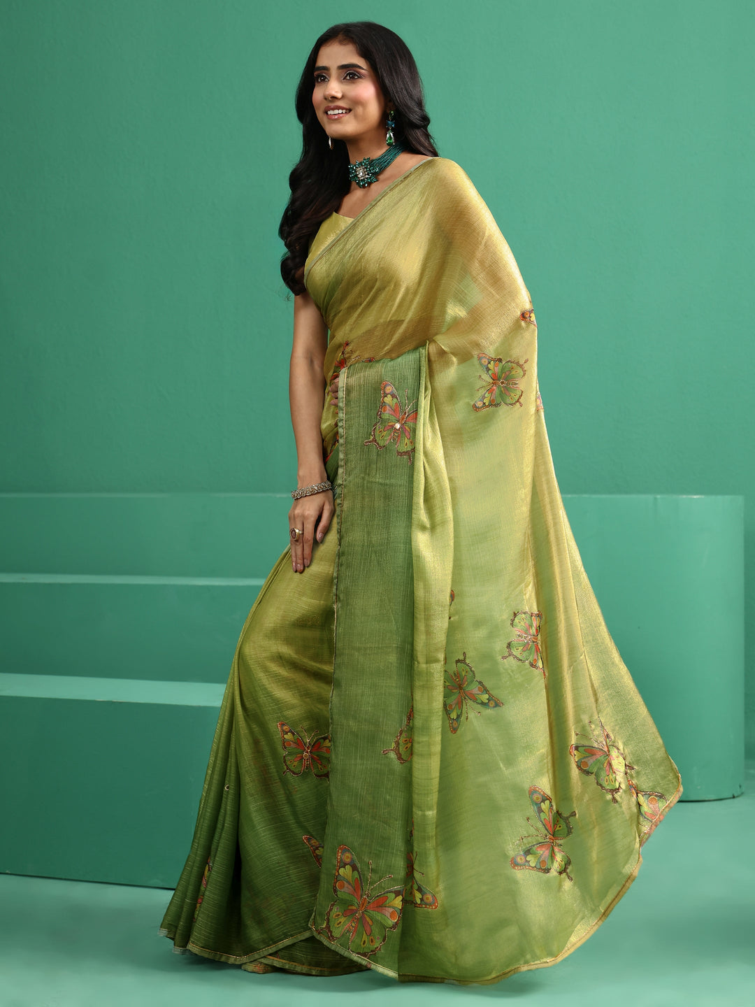  Libas Fern Green Butterfly Print Chiffon Saree 