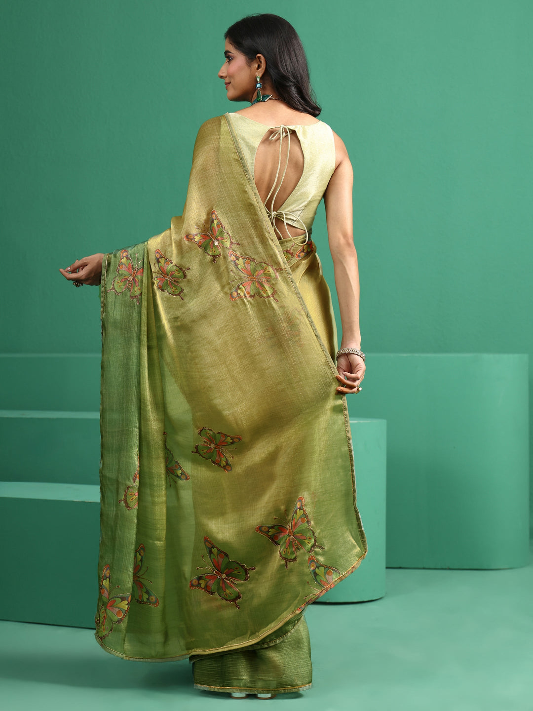  Libas Fern Green Butterfly Print Chiffon Saree 