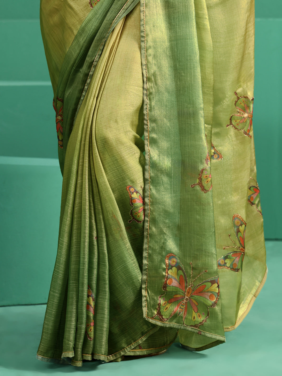  Libas Fern Green Butterfly Print Chiffon Saree 