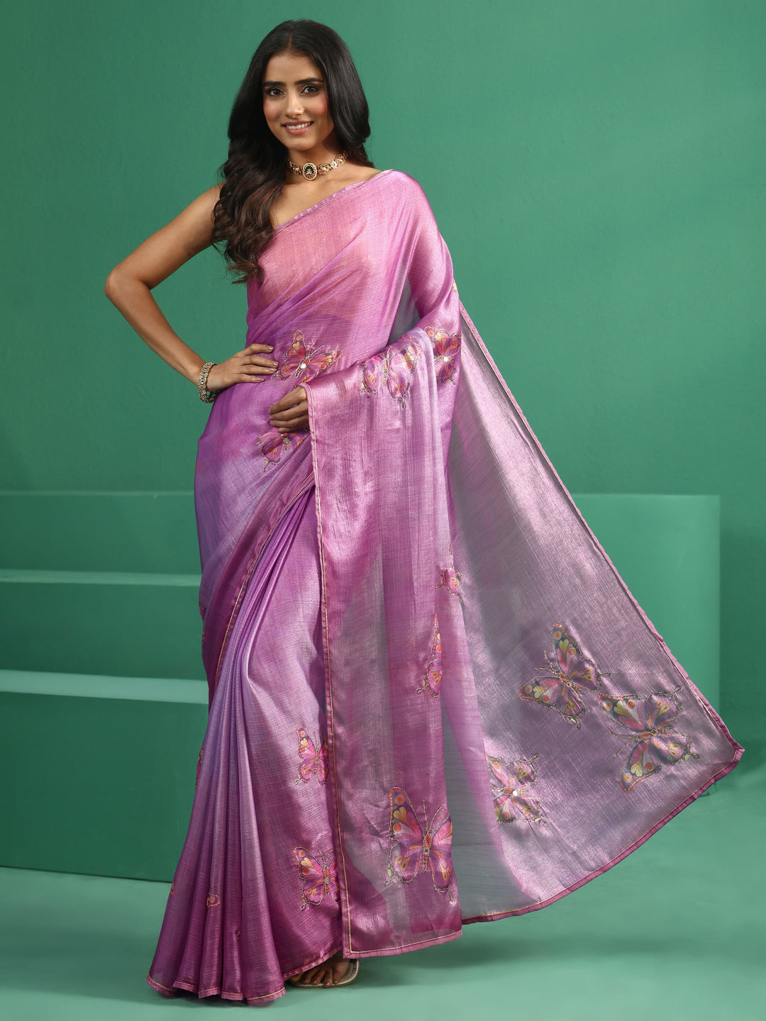  Libas Light Purple Butterfly Print Chiffon Saree 