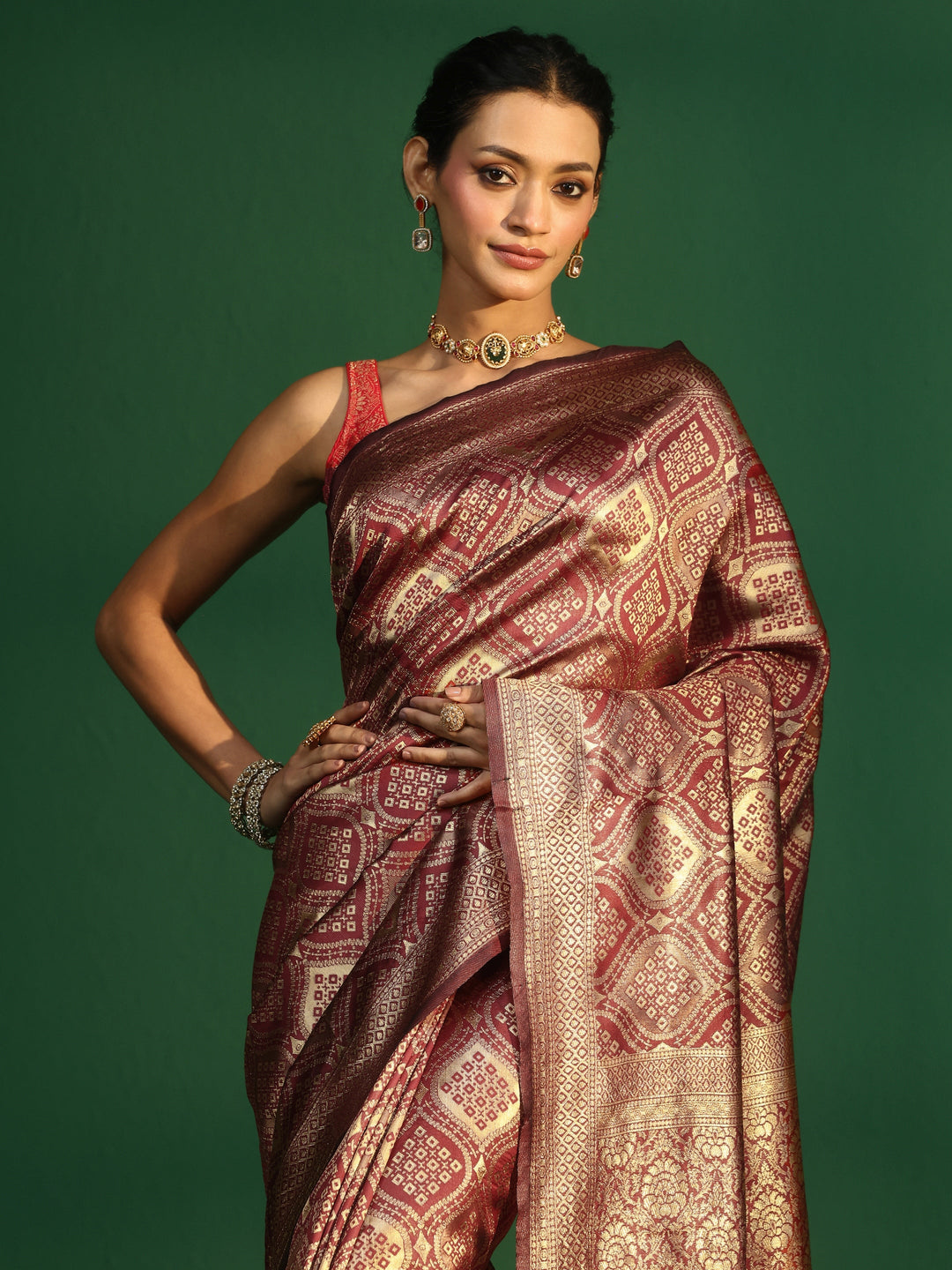  Libas Crimson Red Brocade Saree 